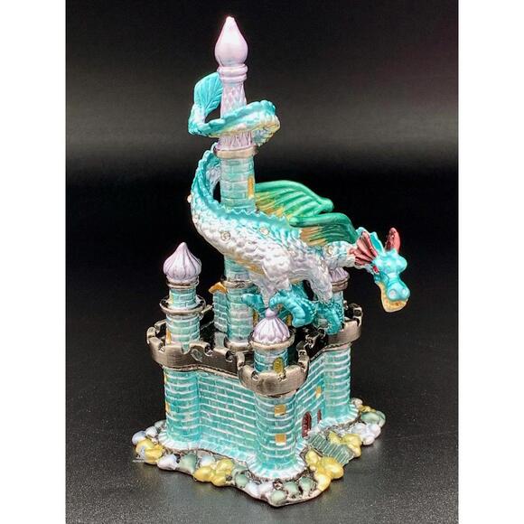 Enameled Dragon & Castle Trinket Box Bejeweled Fantasy Fairy Tale Mythological